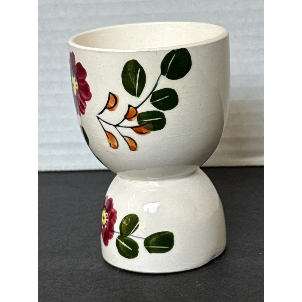 Vintage Japan Hand Painted Floral Ceramic Egg Cup Blue Burgundy Flowers